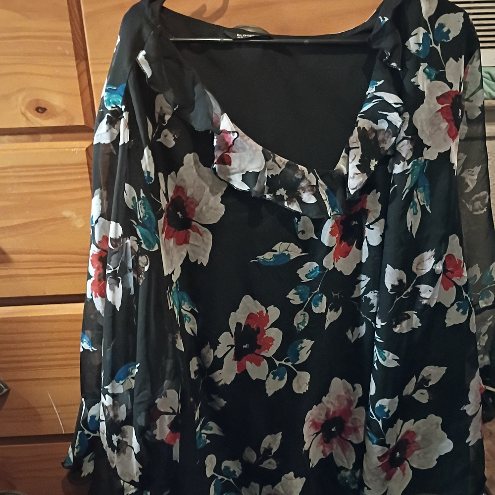 BloomChic Black Floral Ruffle V-Neck Blouse with Teal & Red Accents